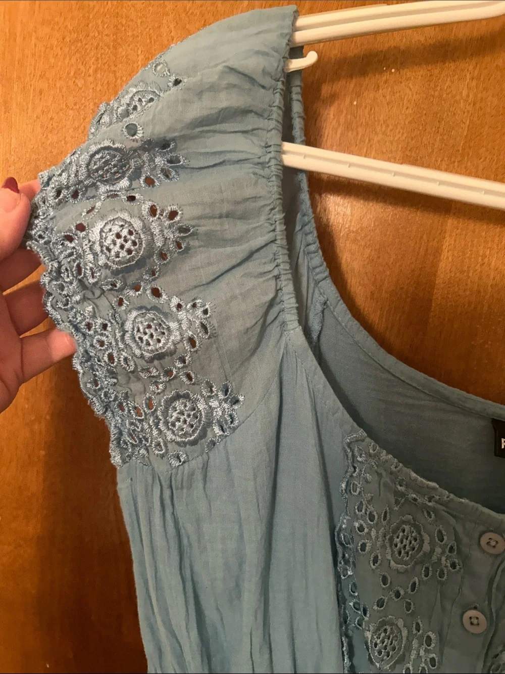 Blue Eyelet Maxi Dress with Lace Sleeves. 100% cotton. XL